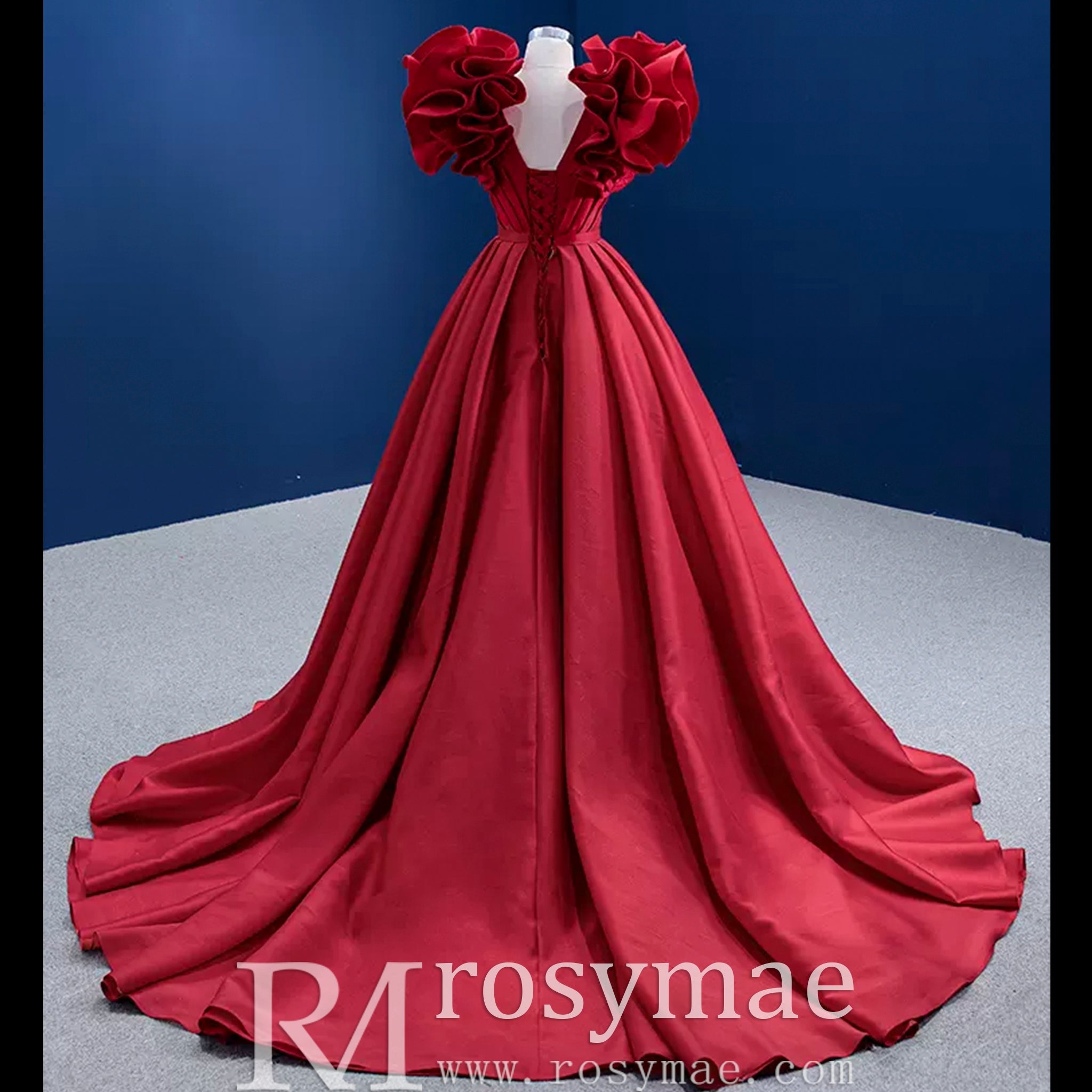 Puffy Ruffle Sleeve A-line Prom Dress Vneck Formal Gown Leg Slit - Rosymae