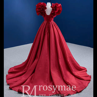 Puffy Ruffle Sleeve A-line Prom Dress Vneck Formal Gown Leg Slit - Rosymae