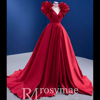 Puffy Ruffle Sleeve A-line Prom Dress Vneck Formal Gown Leg Slit - Rosymae