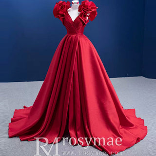 Puffy Ruffle Sleeve A-line Prom Dress Vneck Formal Gown Leg Slit - Rosymae