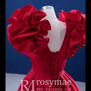 Puffy Ruffle Sleeve A-line Prom Dress Vneck Formal Gown Leg Slit - Rosymae