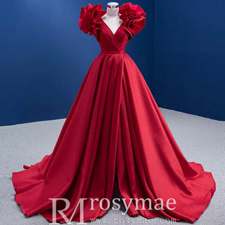 Puffy Ruffle Sleeve A-line Prom Dress Vneck Formal Gown Leg Slit - Rosymae