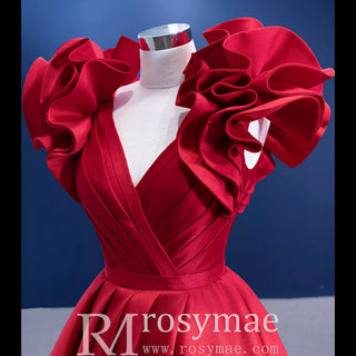 Puffy Ruffle Sleeve A-line Prom Dress Vneck Formal Gown Leg Slit - Rosymae