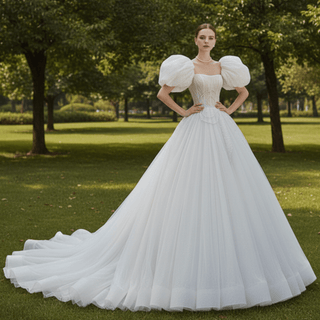 Puffy Short Sleeve Ball Gown Tulle Wedding Dress with Low Back - Rosymae