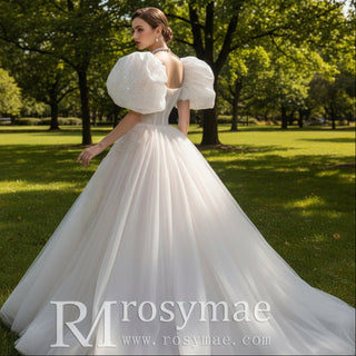 Puffy Short Sleeve Ball Gown Tulle Wedding Dress with Low Back - Rosymae
