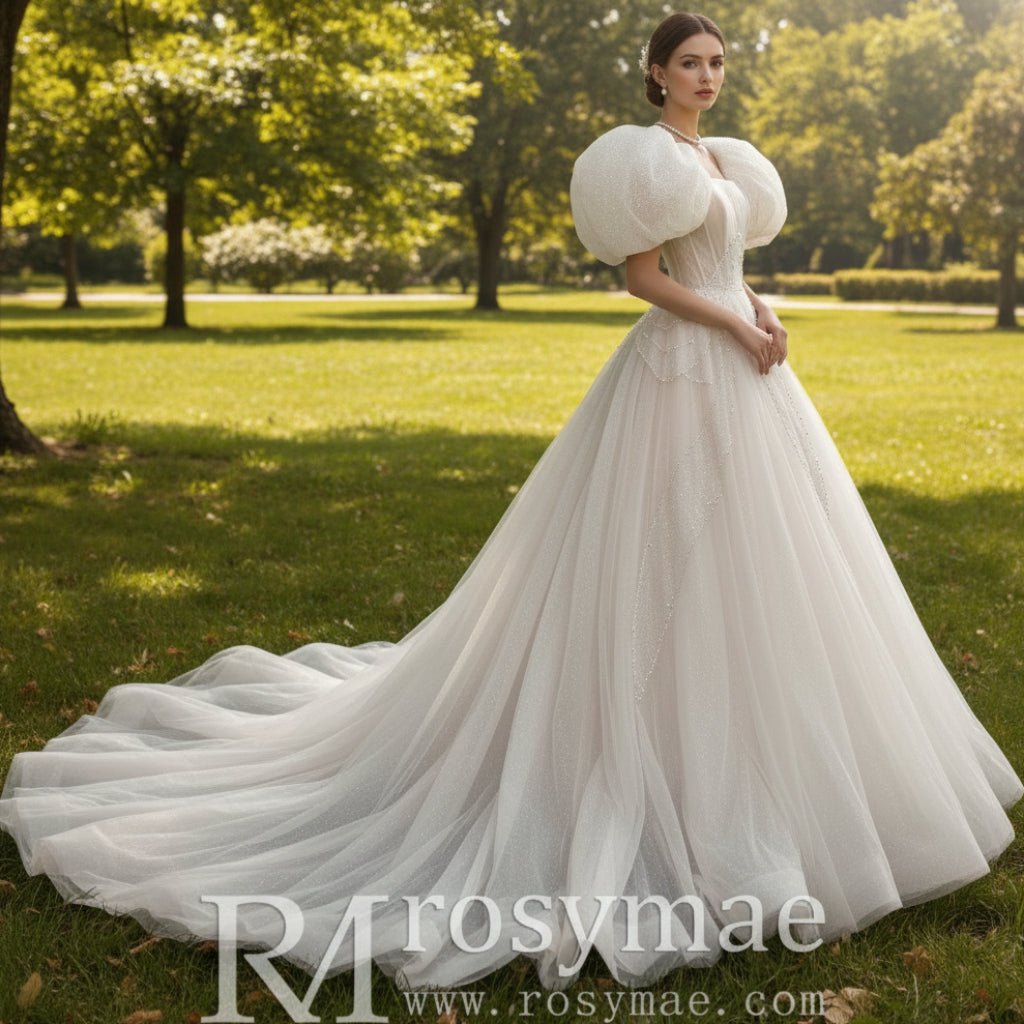 Puffy Short Sleeve Ball Gown Tulle Wedding Dress with Low Back - Rosymae