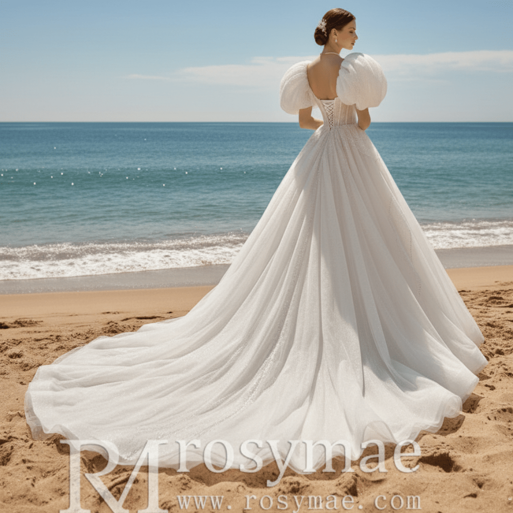 Puffy Short Sleeve Ball Gown Tulle Wedding Dress with Low Back - Rosymae