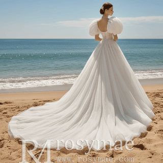 Puffy Short Sleeve Ball Gown Tulle Wedding Dress with Low Back - Rosymae