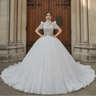 Puffy Short Sleeve Ball Gown Wedding Dress with O-neck - Rosymae