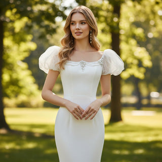 Puffy Short Sleeve Mermaid Slim Wedding Dress with Back Slit - Rosymae
