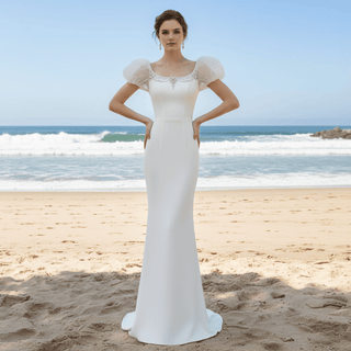 Puffy Short Sleeve Mermaid Slim Wedding Dress with Back Slit - Rosymae