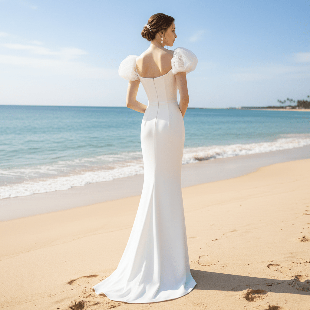 Puffy Short Sleeve Mermaid Slim Wedding Dress with Back Slit - Rosymae