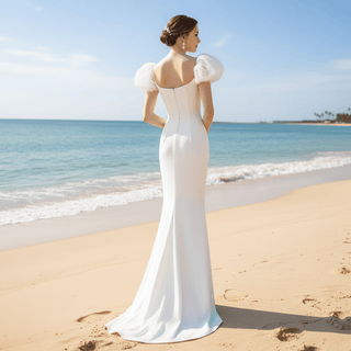 Puffy Short Sleeve Mermaid Slim Wedding Dress with Back Slit - Rosymae