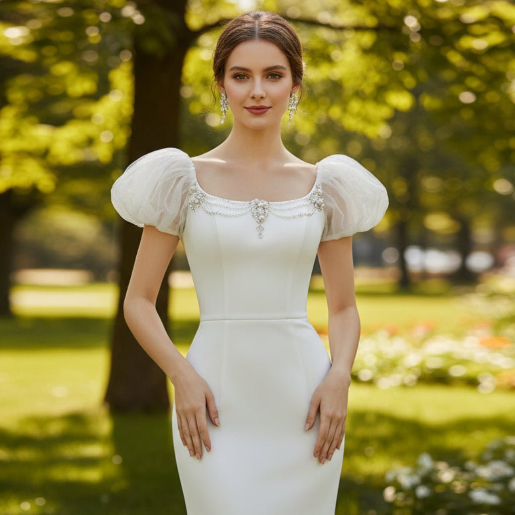 Puffy Short Sleeve Mermaid Slim Wedding Dress with Back Slit - Rosymae