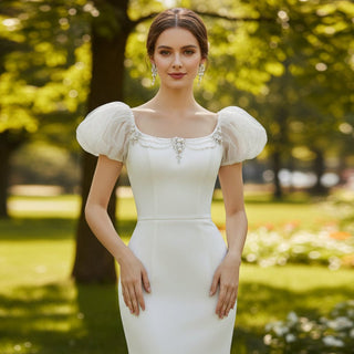 Puffy Short Sleeve Mermaid Slim Wedding Dress with Back Slit - Rosymae
