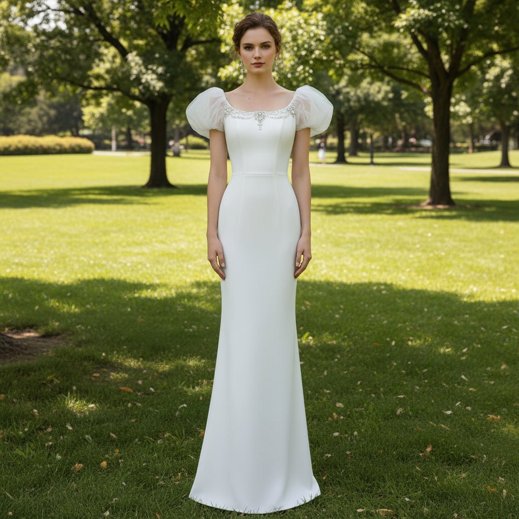 Puffy Short Sleeve Mermaid Slim Wedding Dress with Back Slit - Rosymae