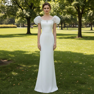Puffy Short Sleeve Mermaid Slim Wedding Dress with Back Slit - Rosymae