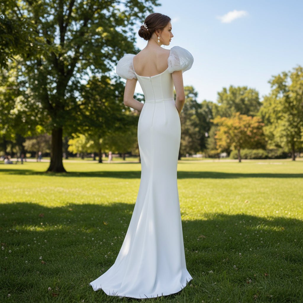 Puffy Short Sleeve Mermaid Slim Wedding Dress with Back Slit - Rosymae