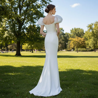 Puffy Short Sleeve Mermaid Slim Wedding Dress with Back Slit - Rosymae