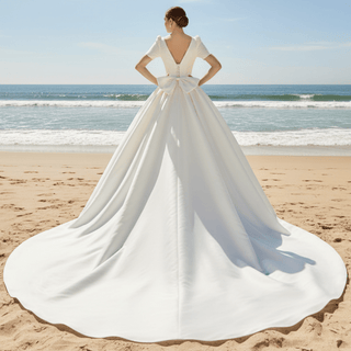 Puffy Short Sleeve Satin Wedding Dress with Queen-Anne Neckline - Rosymae