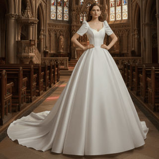Puffy Short Sleeve Satin Wedding Dress with Queen-Anne Neckline - Rosymae