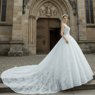 Puffy Skirt Ball Gown Lace Wedding Dress with V Neckline - Rosymae