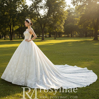 Puffy Skirt Ball Gown Lace Wedding Dress with V Neckline - Rosymae