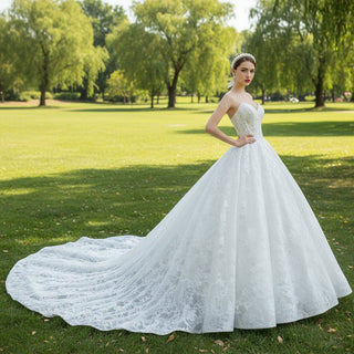 Puffy Skirt Ball Gown Lace Wedding Dress with V Neckline - Rosymae