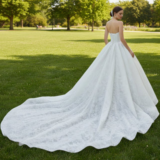 Puffy Skirt Ball Gown Lace Wedding Dress with V Neckline - Rosymae