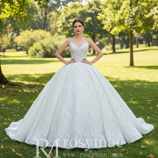 Puffy Skirt Ball Gown Lace Wedding Dress with V Neckline - Rosymae
