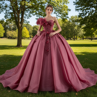 Sparkly Puffy Skirt Ball Gown Quinceanera Dress with 3D Flowers