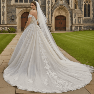Puffy Skirt Champagne Wedding Dress with Off the Shoulder - Rosymae