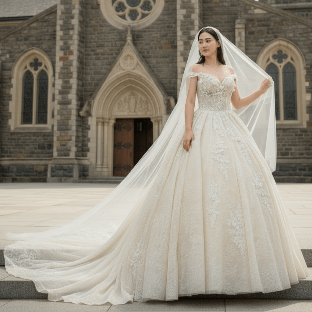 Puffy Skirt Champagne Wedding Dress with Off the Shoulder - Rosymae