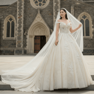 Puffy Skirt Champagne Wedding Dress with Off the Shoulder - Rosymae