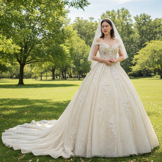 Puffy Skirt Champagne Wedding Dress with Off the Shoulder - Rosymae