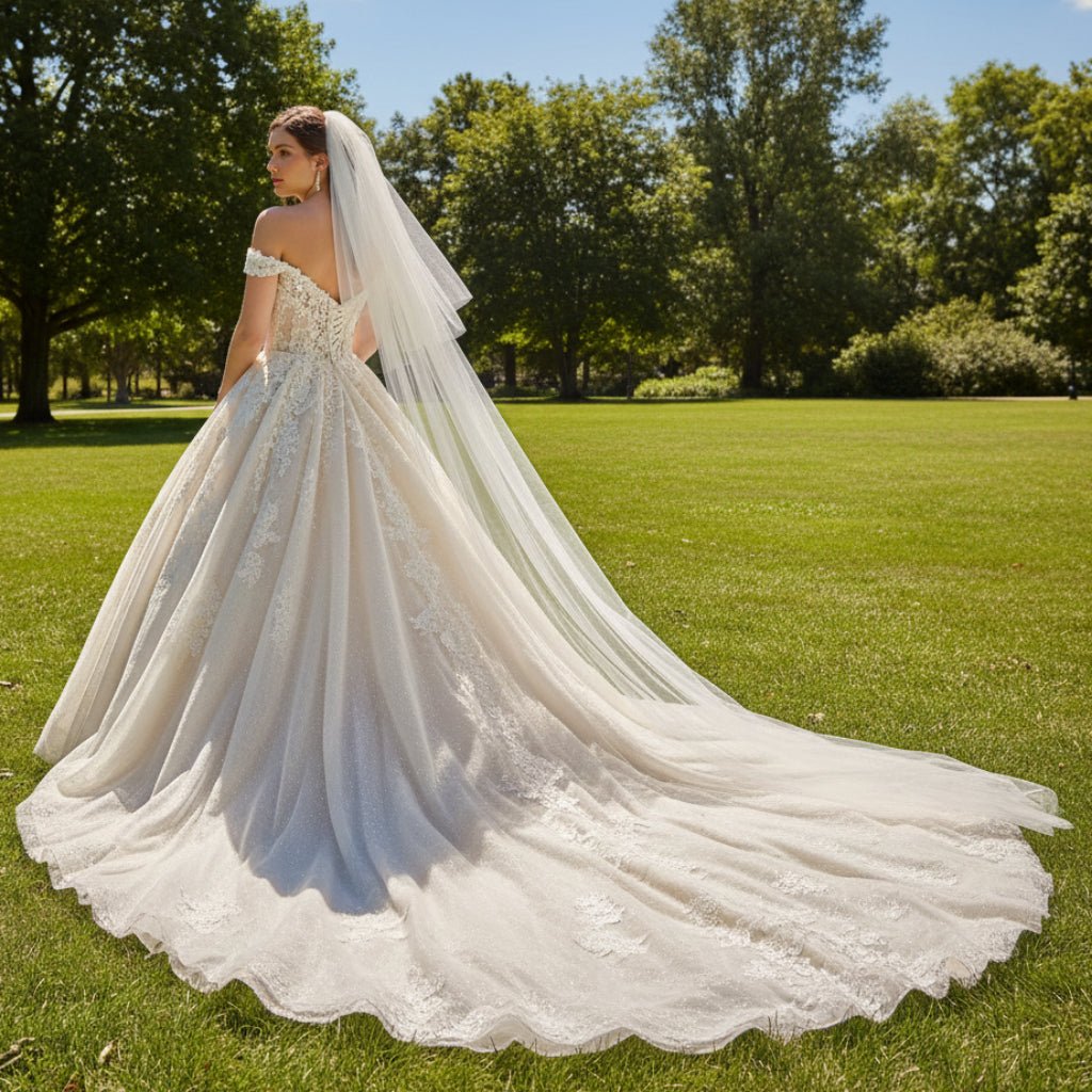 Puffy Skirt Champagne Wedding Dress with Off the Shoulder - Rosymae
