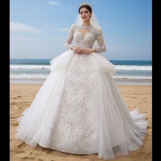 Puffy Skirt Luxury Sparkly Long Sleeve Wedding Dress with Keyhole - Rosymae