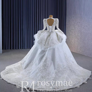 Puffy Skirt Luxury Sparkly Long Sleeve Wedding Dress with Keyhole - Rosymae