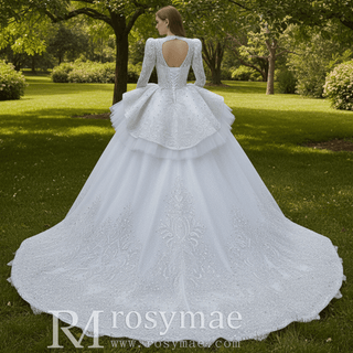 Puffy Skirt Luxury Sparkly Long Sleeve Wedding Dress with Keyhole - Rosymae