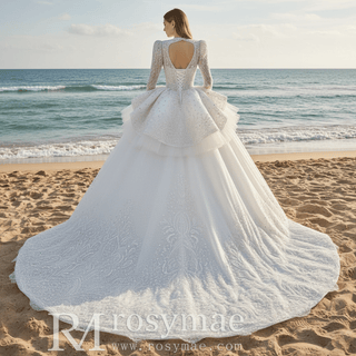 Puffy Skirt Luxury Sparkly Long Sleeve Wedding Dress with Keyhole - Rosymae