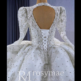 Puffy Skirt Luxury Sparkly Long Sleeve Wedding Dress with Keyhole - Rosymae