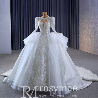 Puffy Skirt Luxury Sparkly Long Sleeve Wedding Dress with Keyhole - Rosymae