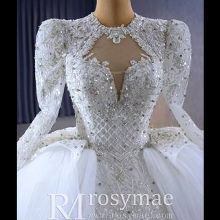 Puffy Skirt Luxury Sparkly Long Sleeve Wedding Dress with Keyhole - Rosymae