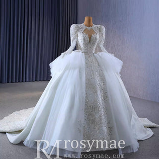 Puffy Skirt Luxury Sparkly Long Sleeve Wedding Dress with Keyhole - Rosymae