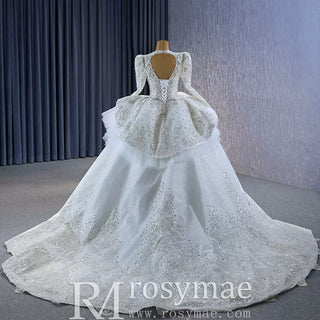 Puffy Skirt Luxury Sparkly Long Sleeve Wedding Dress with Keyhole - Rosymae