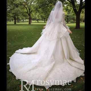 Puffy Skirt Luxury Sparkly Long Sleeve Wedding Dress with Keyhole - Rosymae