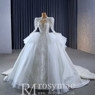 Puffy Skirt Luxury Sparkly Long Sleeve Wedding Dress with Keyhole - Rosymae