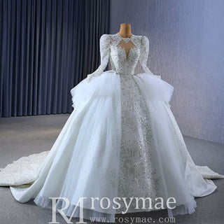 Puffy Skirt Luxury Sparkly Long Sleeve Wedding Dress with Keyhole - Rosymae