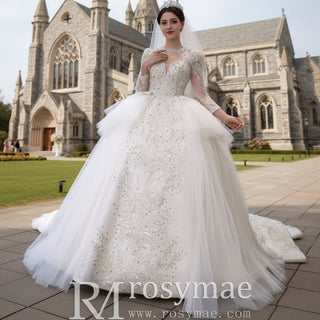 Puffy Skirt Luxury Sparkly Long Sleeve Wedding Dress with Keyhole - Rosymae