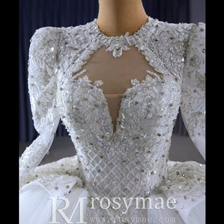 Puffy Skirt Luxury Sparkly Long Sleeve Wedding Dress with Keyhole - Rosymae